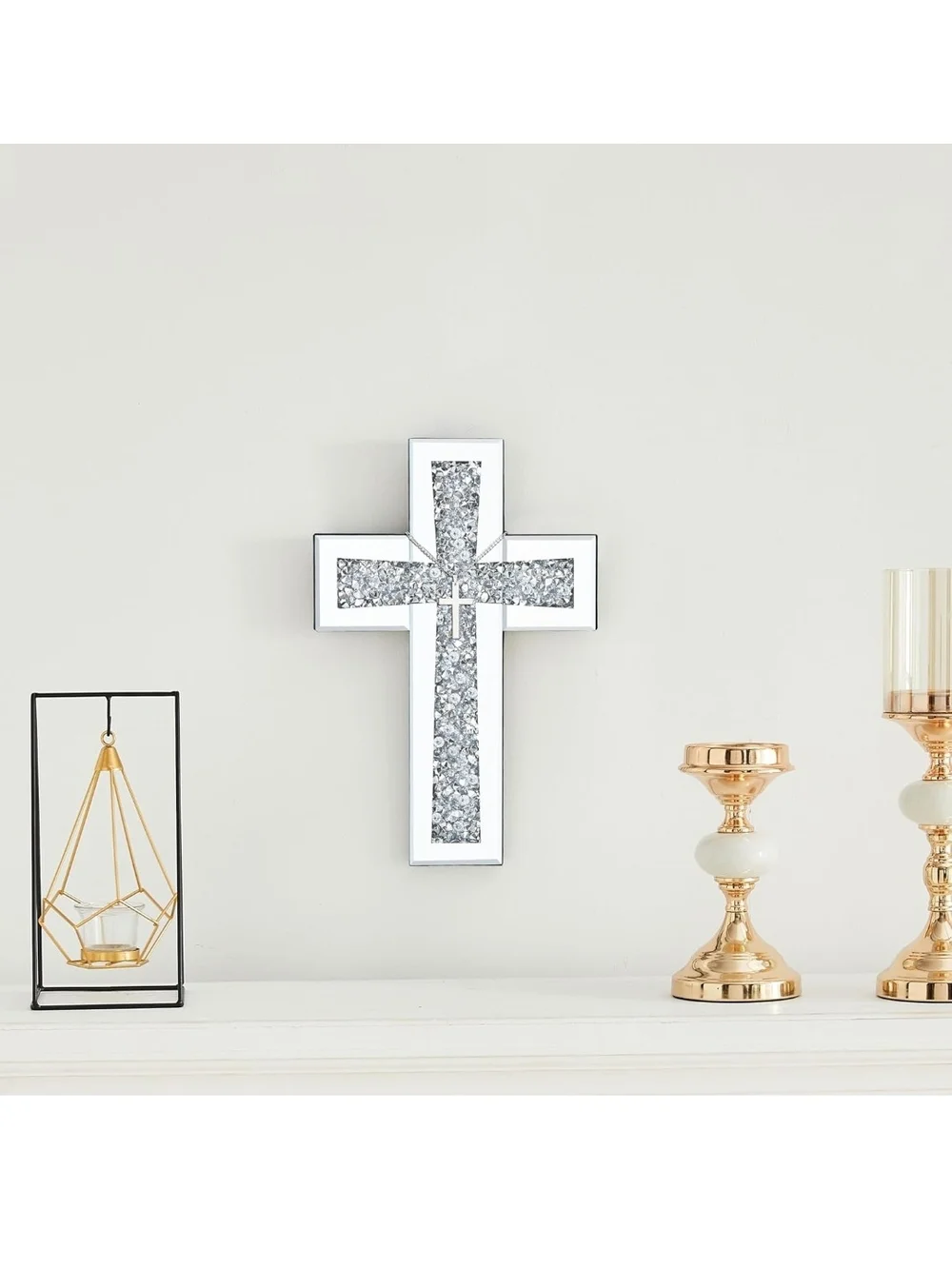 Crystal Accent Wall Cross - Silver Mirrored Decor